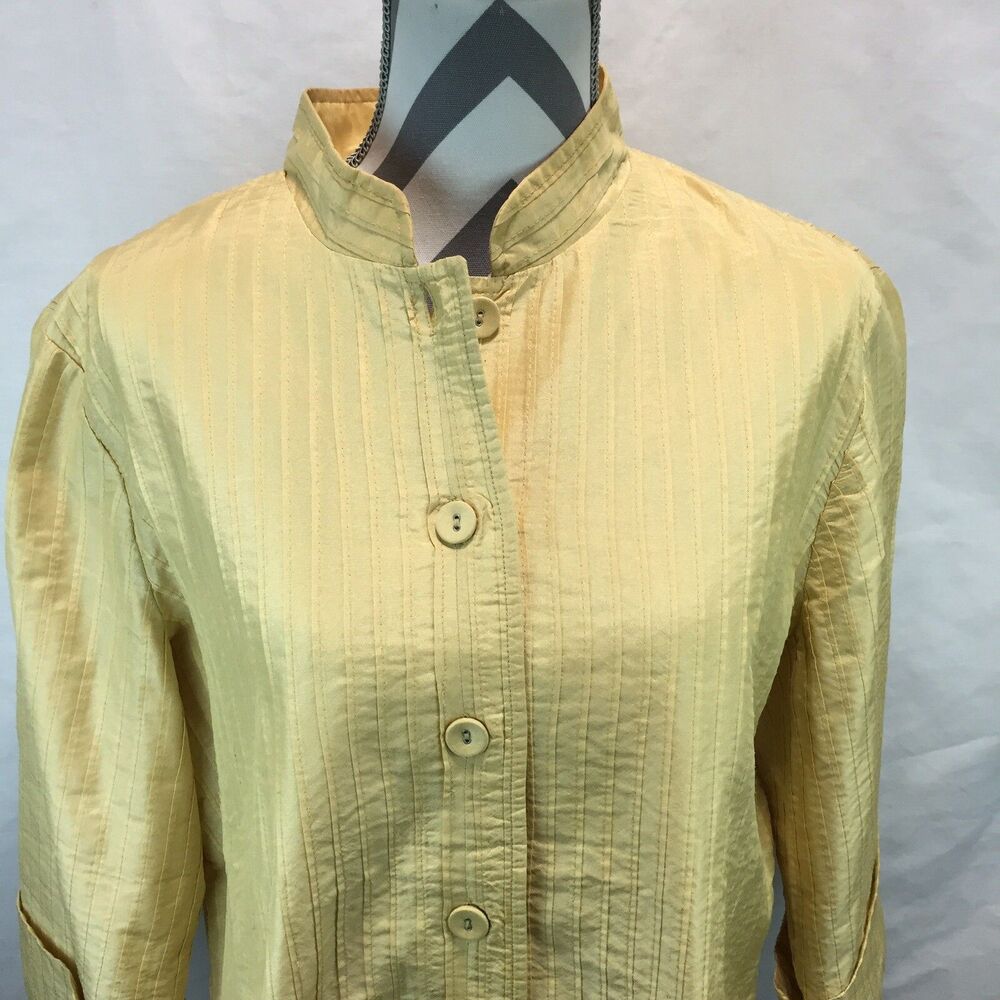 Chicos Womens Lined Pleated Button Front Yellow Shirt Top Blouse Jacket Sz 3 DD3